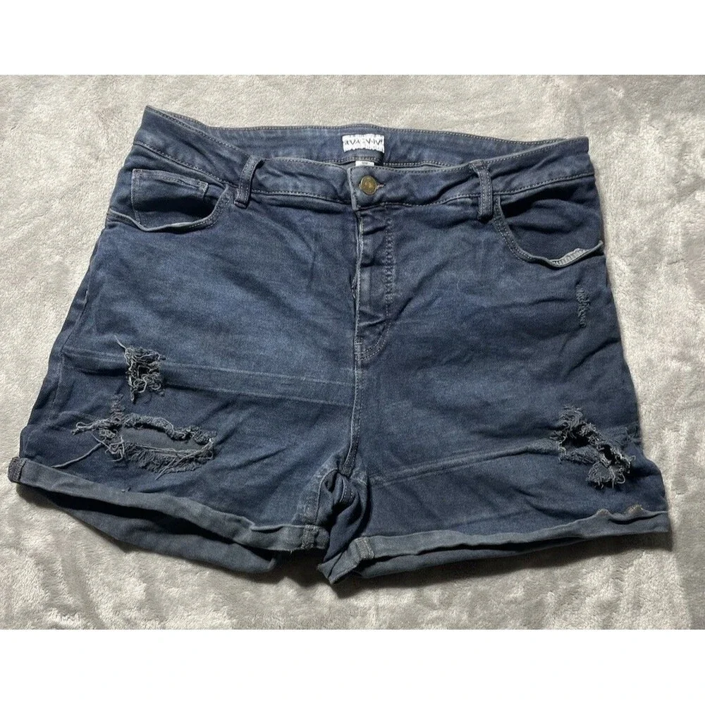 Ava & Viv Womens 18W Black High Rise Stretch Denim Shorts Distressed Midi Length